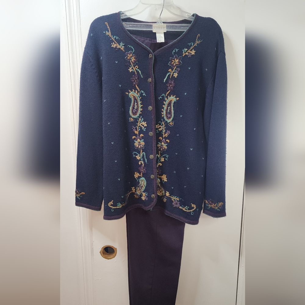 Koret Navy and Purple Embroidered Cardigan And Pants Set